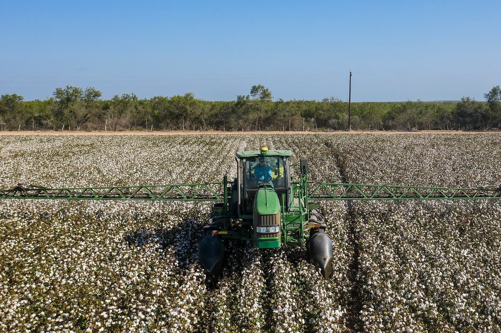 A self-propelled boom sprayer working a cotton field in Texas